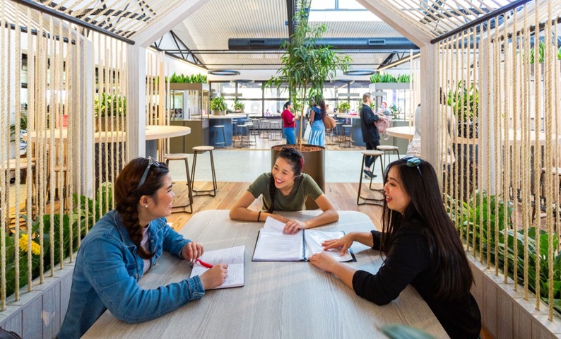 三名学生坐巴黎人网投客户端学生中心的一张桌子旁.