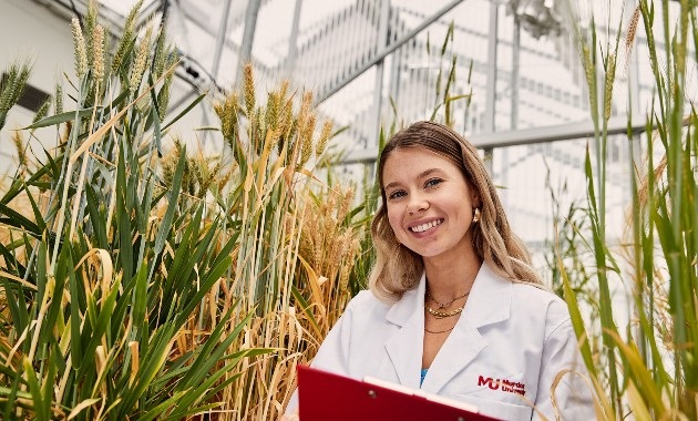 Female in a greenhouse surrounded by a wheat crop