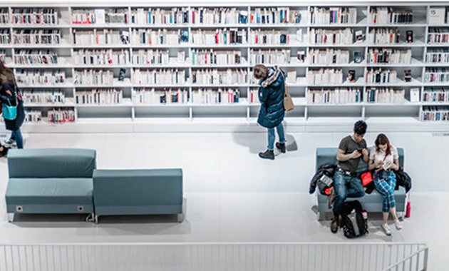 Wide shot of library with users looking at books