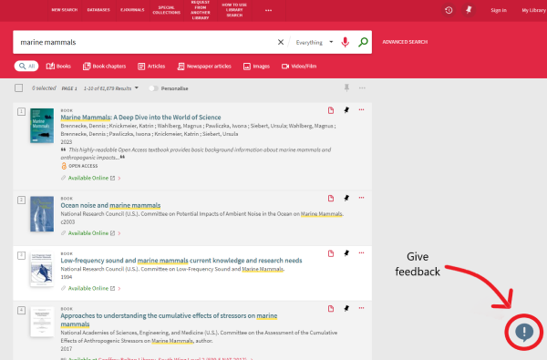 Screenshot showing Library Search results page with 'Give Feedback' icon highlighted in bottom right hand corner.