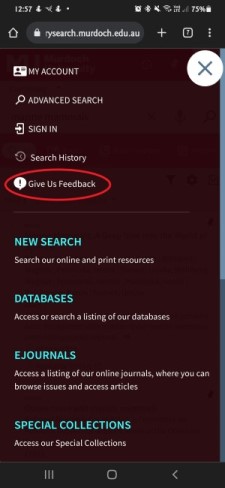 Screenshot of Library Search menu on mobile with 'Give Us Feedback' option highlighted