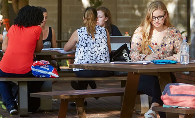 Students sitting on outdoor tables