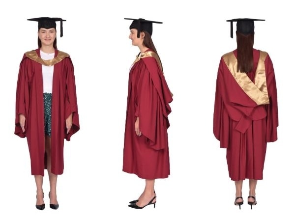Front, side and back view of a woman in Bachelor graduation gown
