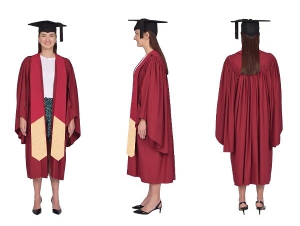 Front, side and back view of a woman in Grad Certificate graduation gown