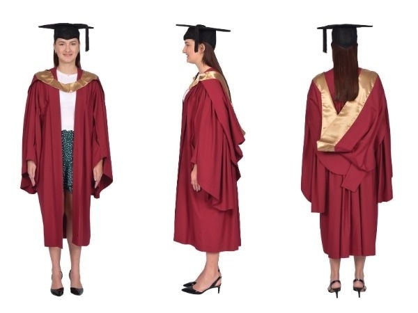 Front, side and back view of a woman in Honours graduation gown