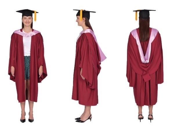 Front, side and back view of a woman in Masters graduation gown
