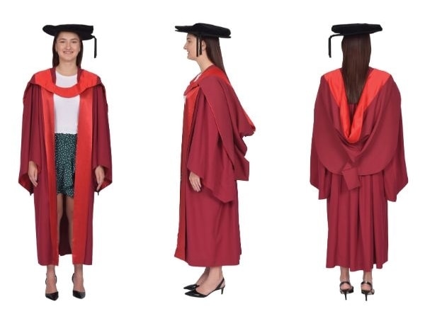 Front, side and back view of a woman in PHD graduation gown