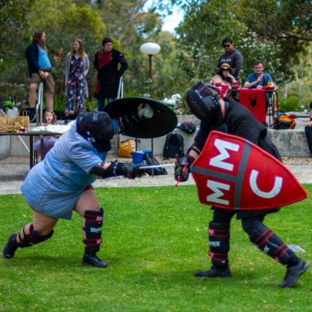 Two larpers sword fighting