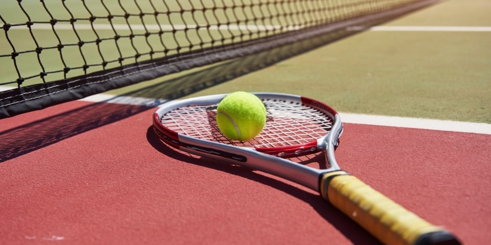 Tennis ball and racquet sitting on tennis court