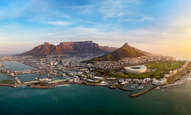 establishing aerial photograph of the city of Cape Town during sunset