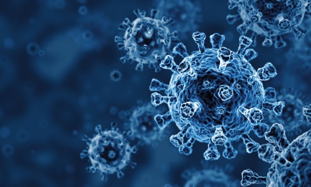 Coronavirus cells on a blue background