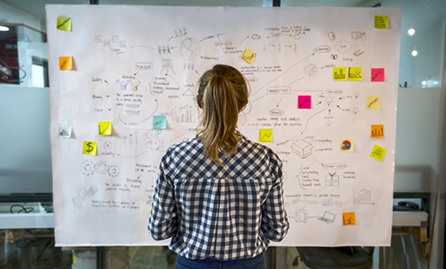 Young woman brainstorming at an ideas board