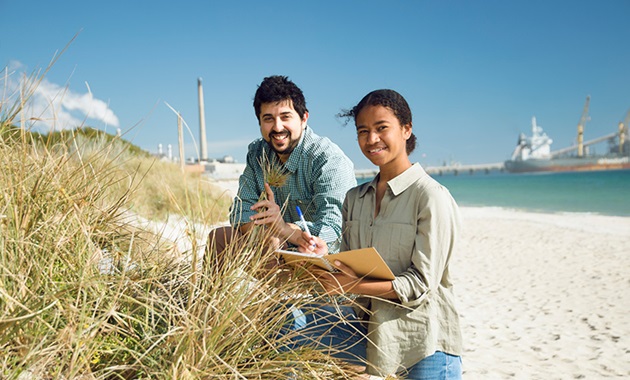 Students working at the beach