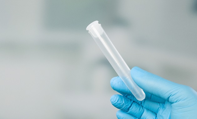 A gloved hand holding a test tube