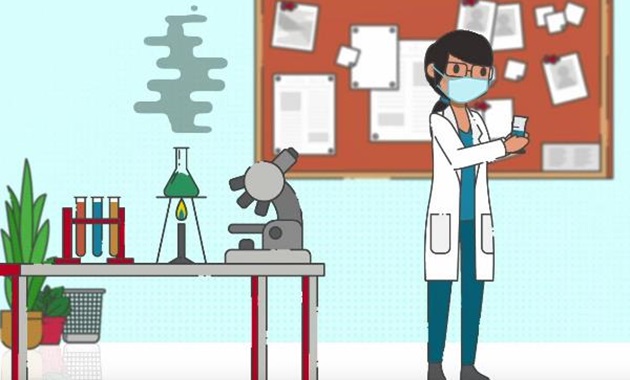 An animated character working in a laboratory