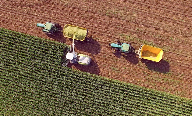 Aerial shot of equipment in crops